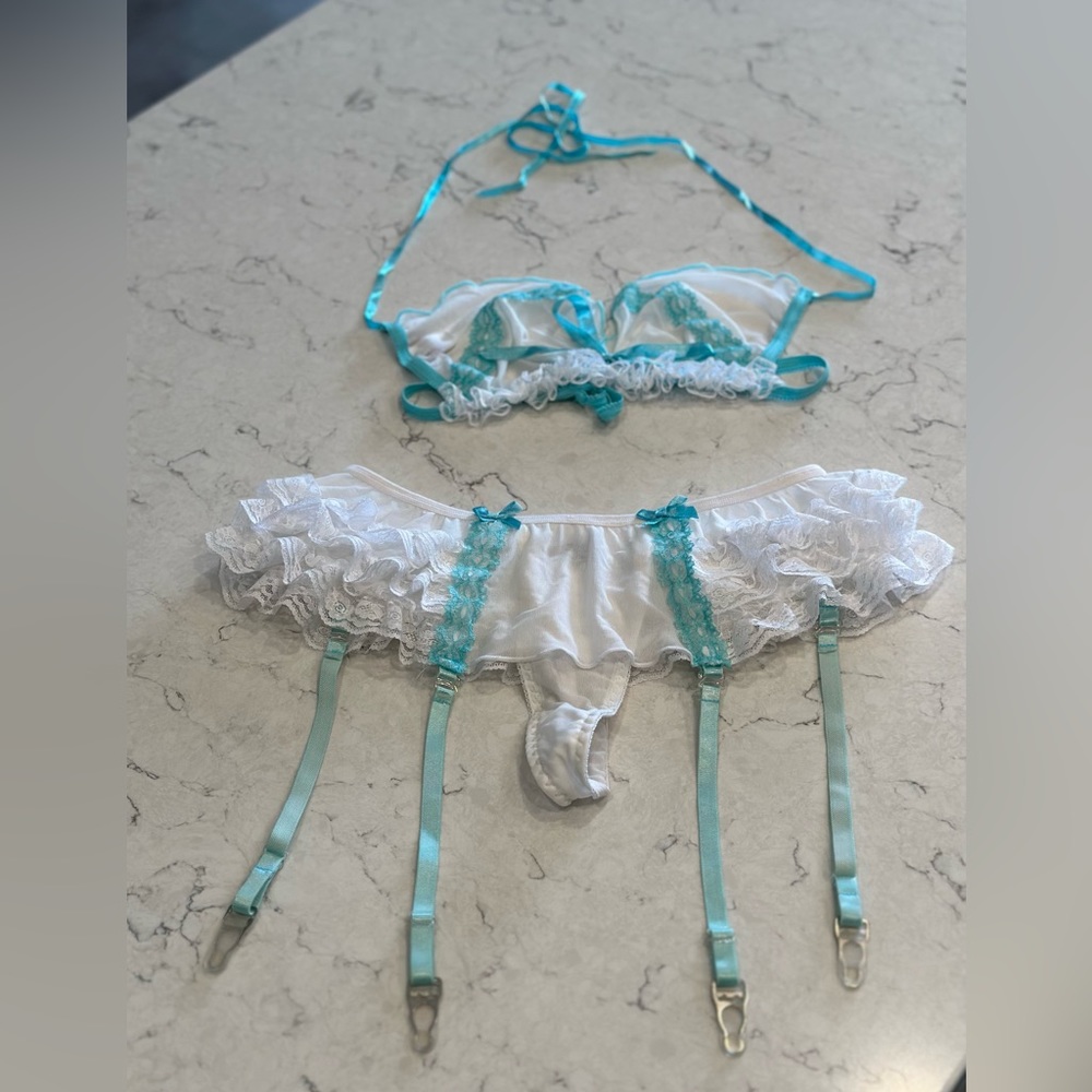 Sheer mesh and lace bra and garter panty set in white with turquoise trim